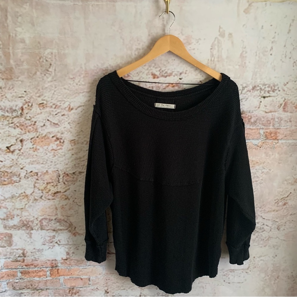 Free People We The Free Black Waffle Knit Long Sleeve Pullover